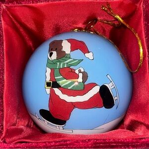 VTG Christmas Santa Bear Ball Ornament Blown Glass Hand Painted On The Inside 3"